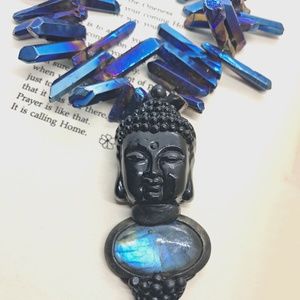 Statement Piece Art to Wear Buddha with Labradorite and Aqua Aura crystals.